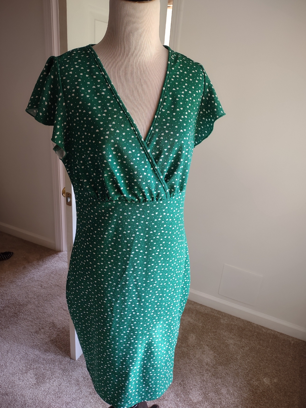 SHEIN Green V-Neck Wrap Midi Dress with White Ditsy Print